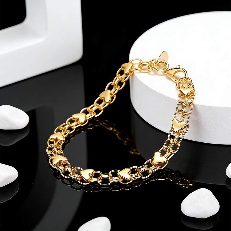 S925 925 Silver Golden Heart Splice Bracelet, Cute Gift